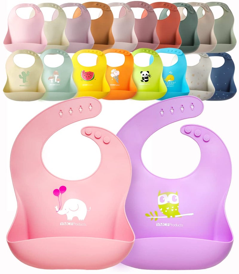 YMCF Products 2-Pack Waterproof Silicone Baby Bib Lightweight Comfortable Easy-Wipe Clean (Purple/Light Pink, Large) - Image 1